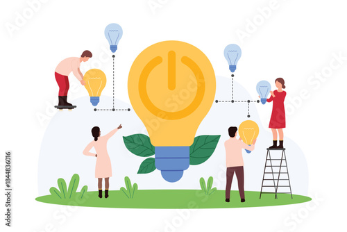 Green energy creative ideas development, eco innovation project. Tiny people connect bright electric lamp with leaf, power button inside and small light bulbs into network cartoon vector illustration