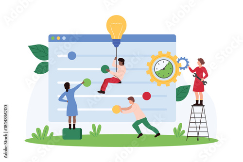 Account or software settings adjusting and change, tuner mode control, system update. Tiny people push sliders to fix interface elements, work with gear and light bulb cartoon vector illustration