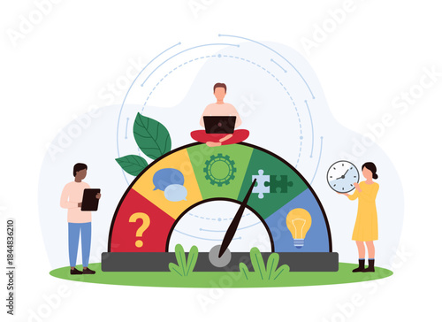 Training and development of soft skills, improvement of potential competences, boost for leadership and teamwork. Tiny people measure persons ability on speedometer cartoon vector illustration