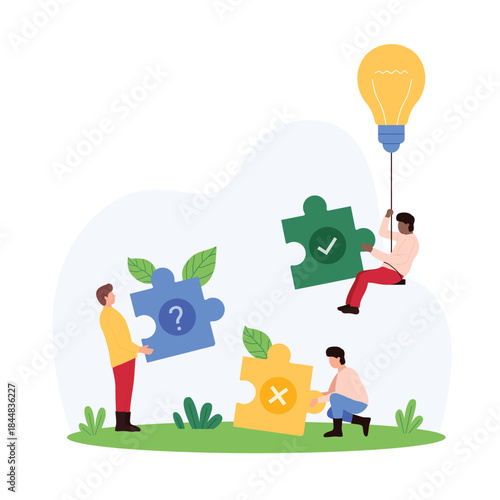 Creative solution to difficult problem, decision making. Tiny people with bright light bulb choose right piece to solve puzzle, question mark, tick and cross inside parts cartoon vector illustration
