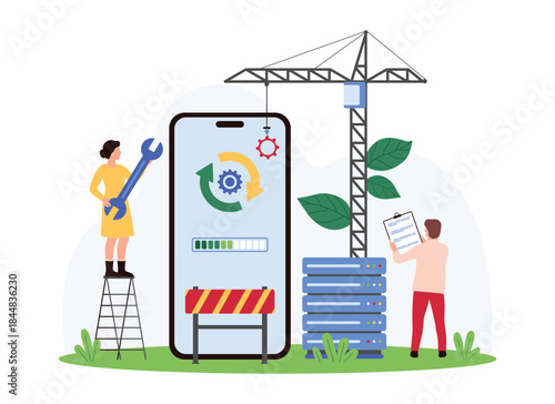Software version and system, mobile app update online. Tiny people of professional maintenance service upload and control upgrade report, circle arrows on smartphone screen cartoon vector illustration