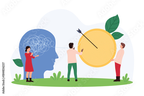 Complex problem unraveling, psychotherapy. Tiny people unravel chaos of string and disorganized thoughts inside human head to circle order, target with arrow in center cartoon vector illustration