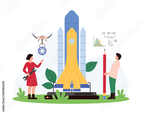 Rocket launch, futuristic aerospace mission, astronomy and space research. Tiny people launching shuttle to spaceship station and planets of universe from launchpad cartoon vector illustration