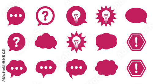 Speech bubbles communication conversation dialogue discussion chat message set, including idea, question, answer, information, alert, and warning icons, designed