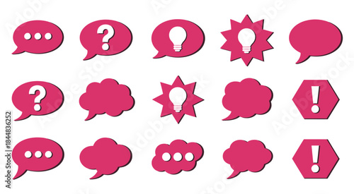 Speech bubbles communication conversation dialogue discussion chat message icons, featuring idea, question, answer, exclamation, information, notification, alert, and warning symbols in clean vector g
