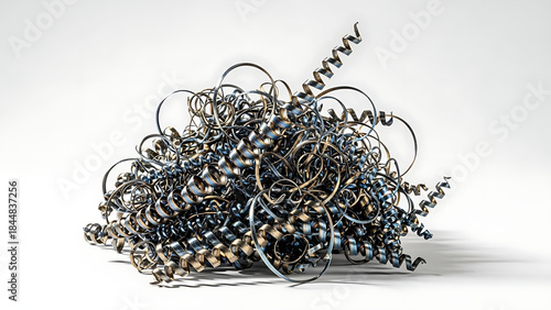 Heap of coiled metal swarf, shiny metallic waste from industrial manufacturing process