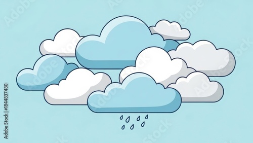 Cartoon illustration of fluffy white and blue clouds with rain droplets on light blue background