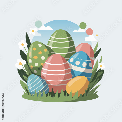 -Easter egg hunt scene with pastel tones and simple shapes.