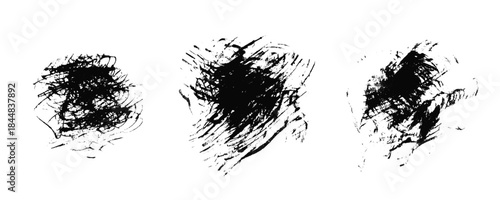 Grunge scribble striped chaotic texture of black ink brush stroke smears set. Artistic vector paintbrush textured shape for texture frame design, angry concept, confusion sign