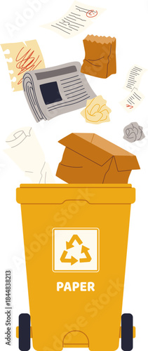 Yellow Recycling Bin With Paper Waste Illustration