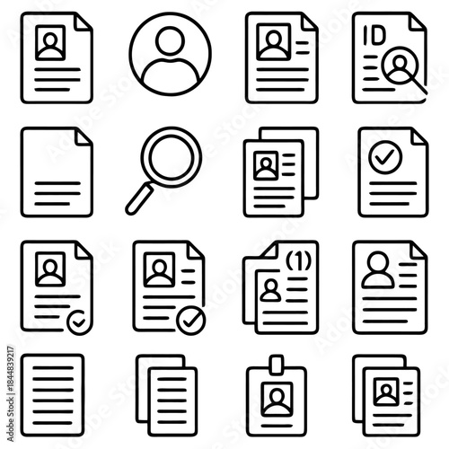 Document Icons Representing Various Concepts: A collection of various document icons symbolizing concepts such as user profiles, identity verification, and document management.