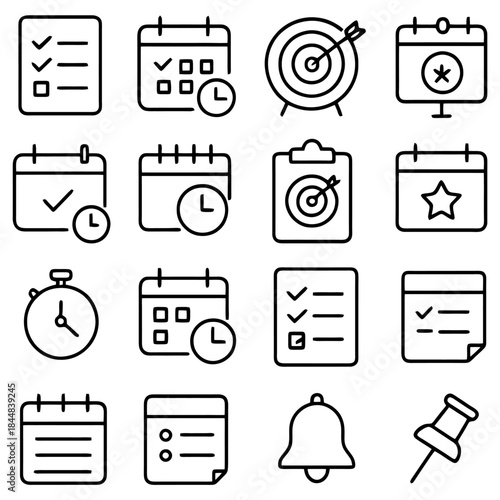 Time Management Icon Set: A collection of concise icons representing scheduling, planning, and achieving goals, ideal for illustrating deadlines and appointments. 