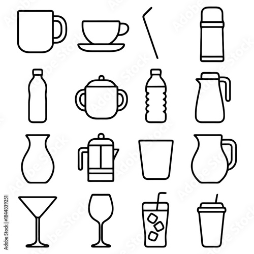 Beverage Collection Illustration: A versatile set of simple beverage illustrations, depicting various drinking vessels and containers for a range of refreshing drinks.