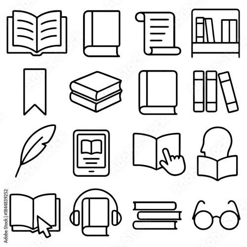 Book Icons in Outline Style: A comprehensive collection of book-related icons presented in a clean, minimalist outline style. Includes various representations of books, scrolls.