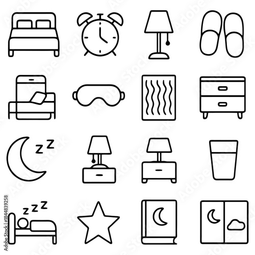 Restful Icons: A collection of simple, yet elegant line-art icons that visually represents a peaceful sleep and the serene ambiance of a bedroom.