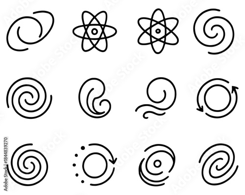 Celestial and Atomic Lineup: A set of 12 distinct line drawings showcasing the graceful curves of galaxies and the intricate structure of an atom.