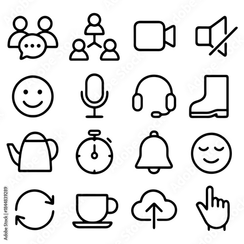 Digital Interaction Icons: A visually clean arrangement of diverse digital interaction icons, each representing a distinct function or feature commonly found in online communication and technology.