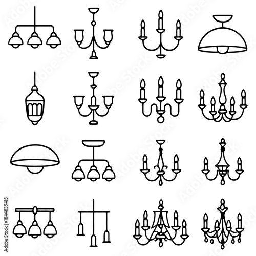 Elegant Luminaries: A collection of various chandeliers showcased in a clean, minimalist style. From classic candelabras to modern pendant lights.