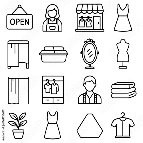 Fashion Retail Icons: An array of detailed vector icons encapsulates the essence of a clothing store, depicting essential elements. Each icon, from mannequins to dresses.