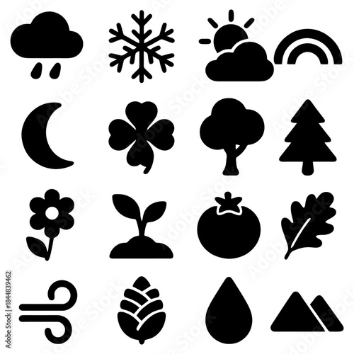 Seasonal Icons: A collection of simple, elegant icons representing the diverse elements of seasons, inviting the viewer to appreciate the changing weather and elements.