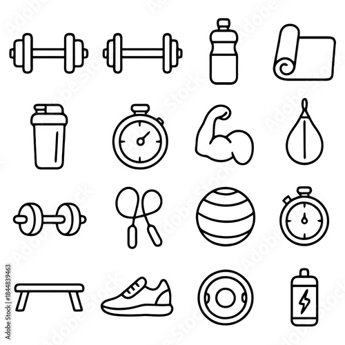 Fitness Icon Array: An array of fitness icons, meticulously crafted in a clean line style, featuring essential workout equipment and symbols, perfect for illustrating a healthy and active lifestyle.