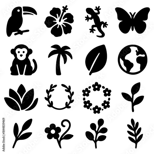 Nature's Silhouette Collection: A visually striking compilation of icons, capturing the essence of diverse elements of nature, perfectly rendered in bold, crisp shapes.