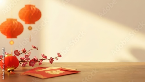 Chinese New Year decoration with red lanterns, plum blossom, and envelopes on a wooden table. Festive background for Lunar New Year celebration.