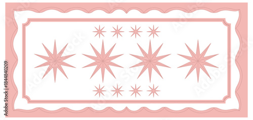 Delicate pink floral and geometric border design with snowflake motifs on a white background, featuring soft colors and elegant shapes suitable