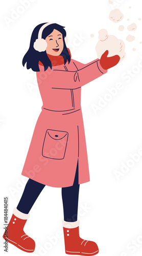 Happy Girl Playing with Snow Illustration