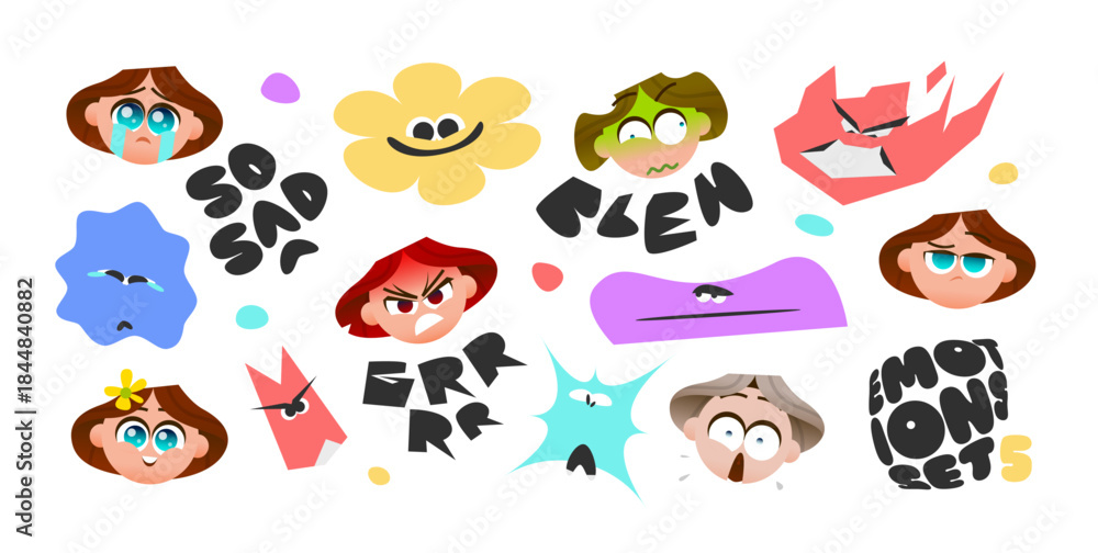 Obraz premium Baby Girl Emotions Sticker Set with Cute Facial Expressions, Abstract Mood Shapes and Text Labels Showing Sadness, Anger, Fear, Disgust and Calm Feelings for Creative Use