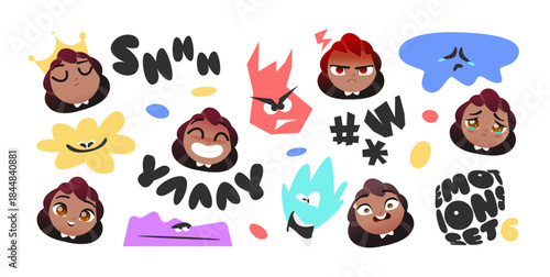 Baby Girl Character Emotions Sticker Set with Cute Facial Expressions, Simple Abstract Shapes and Emotion Labels for Chat, Emoji Packs, School and Creative Projects