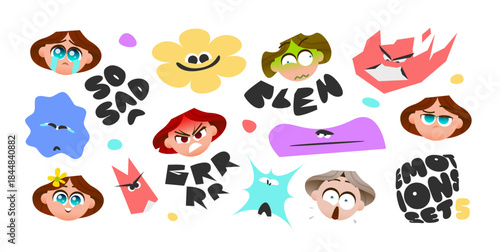 Baby Girl Emotions Sticker Set with Cute Facial Expressions, Abstract Mood Shapes and Text Labels Showing Sadness, Anger, Fear, Disgust and Calm Feelings for Creative Use