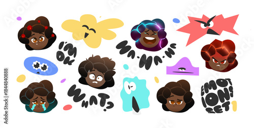 Baby Afro Girl Emoji Sticker Set with Expressive Emotions, Cute Cartoon Faces and Abstract Mood Shapes for Chat, Messaging, Social Media, Education and Creative Projects