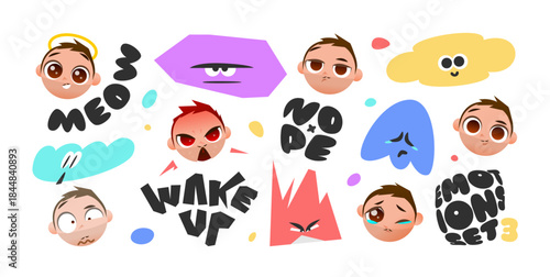 Baby Boy Emoji Sticker Set Showing Joy, Anger, Crying, Fear and Confusion. Cute Cartoon Vector Faces with Emotional Icons Including Angelic and Moody Expressions for Chat Use
