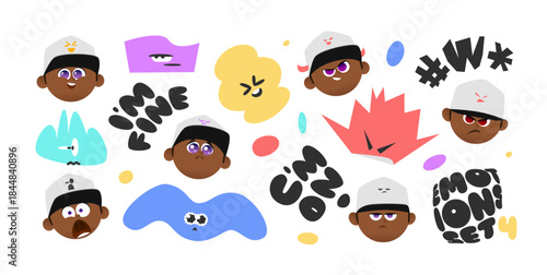 Baby Afro Girl Emoji Set with Expressive Faces and Abstract Emotion Shapes, Cute Cartoon Characters for Stickers, Chat, Education and Creative Visual Communication