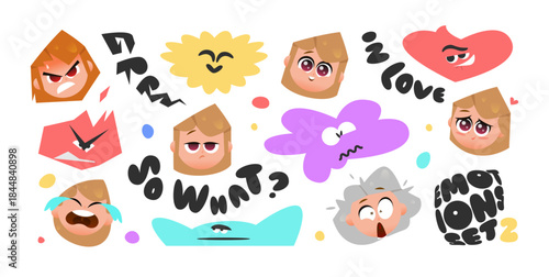 Baby Girl Emotions Sticker Set with Cute Facial Expressions, Simple Shapes and Text Elements, Showing Love, Fear, Anger, Joy and Sad Feelings for Chat and School Projects