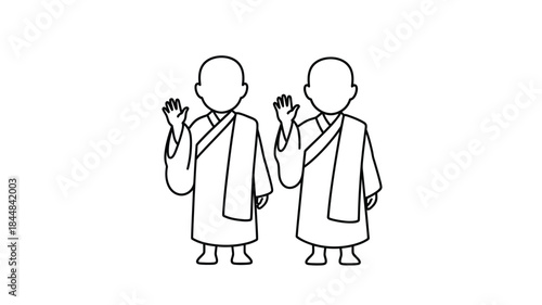Two monks in robes waving a simple black and white illustration silhouette