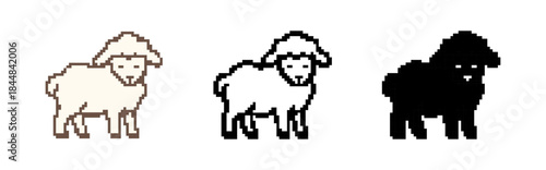 Charming pixel art sheep icon set in three styles: colored, outline, and silhouette. Perfect for retro games, farm themes, or nostalgic digital projects.