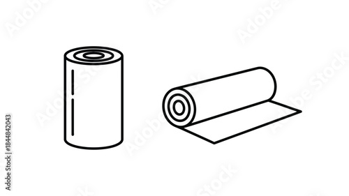 Rolled material and cylindrical container depicted in a simple line silhouette