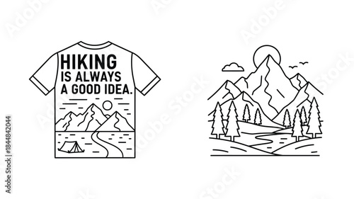 Hiking themed t shirt design with mountain landscape and a bold silhouette