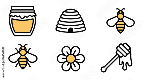 A collection of honey related icons including a bee honeycomb and jar silhouette