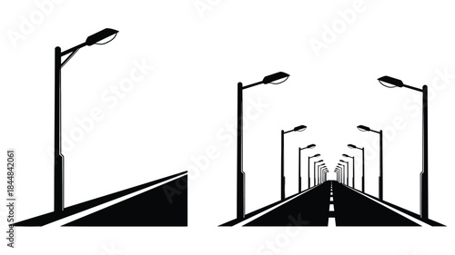 A vanishing point road with street lamps a striking black silhouette