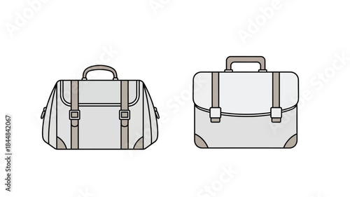Two vintage leather briefcases front and side views detailed illustration silhouette