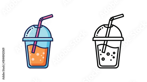 Two refreshing drinks in plastic cups one colored and one a silhouette