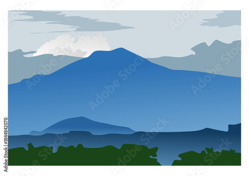 Simple minimalist vector illustration of layered blue mountains landscape with misty fog and clouds. Mount Tampomas, Indonesia.