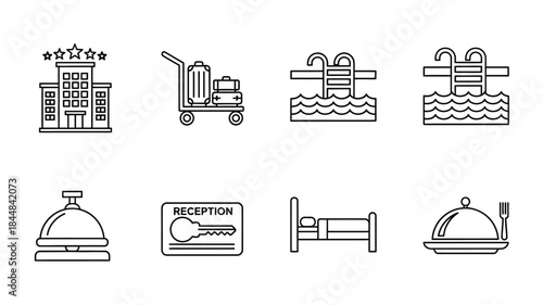 Hotel and travel icons set with various amenities a clean silhouette