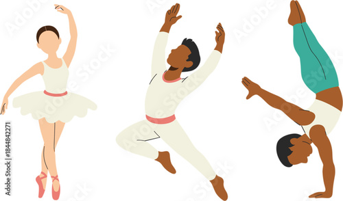 Dance cartoon illustration, ballet contemporary acrobatic icon, expressive choreography design, colorful vector graphic