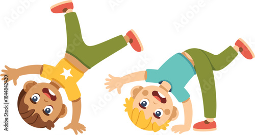 Cartoon children illustration, playful kids doing handstands icon, joyful childhood activity design, colorful vector graphic