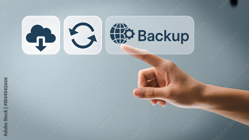 Fototapeta premium Hand clicking backup button for data protection and security online