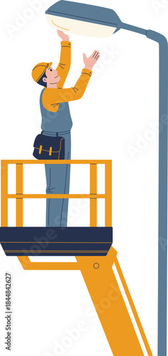 Electrician On Aerial Lift Fixing Street Light Illustration